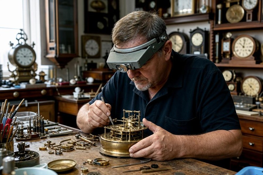 Clock technician inspecting an antique mantel clock in the Wyattviano Co. Glendale workshop