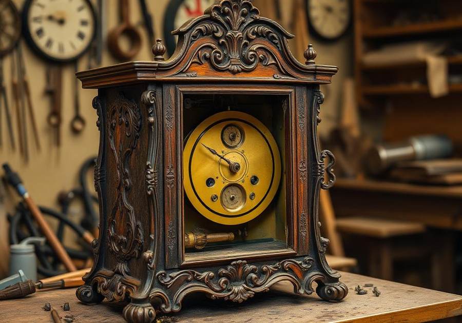 Antique Clock Repair in progress at the Wyattviano Co. workshop in Glendale, Arizona